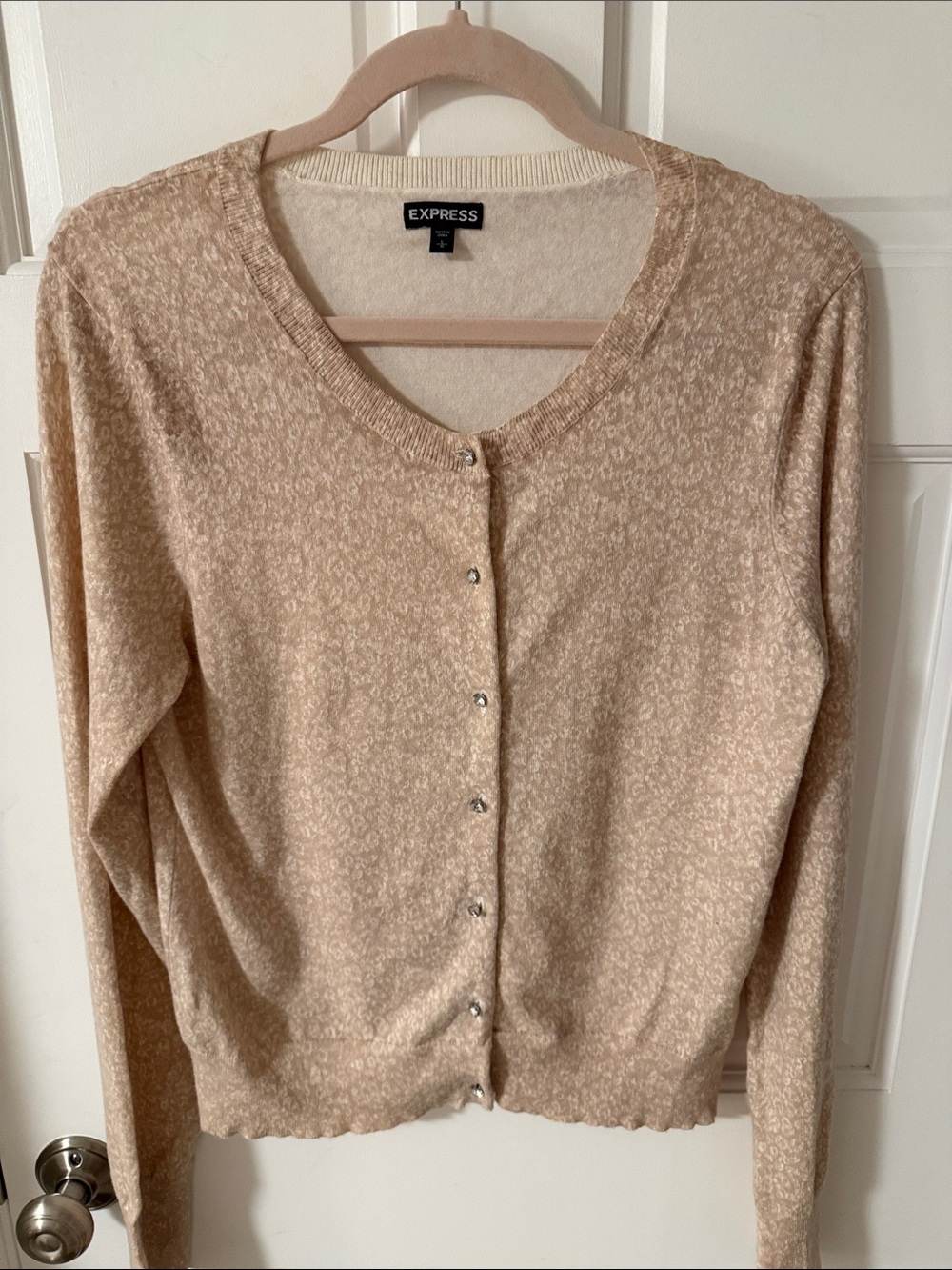 EXPRESS Beige Subtle Leopard Print Knit Cardigan Sweater Rhinestone Buttons L